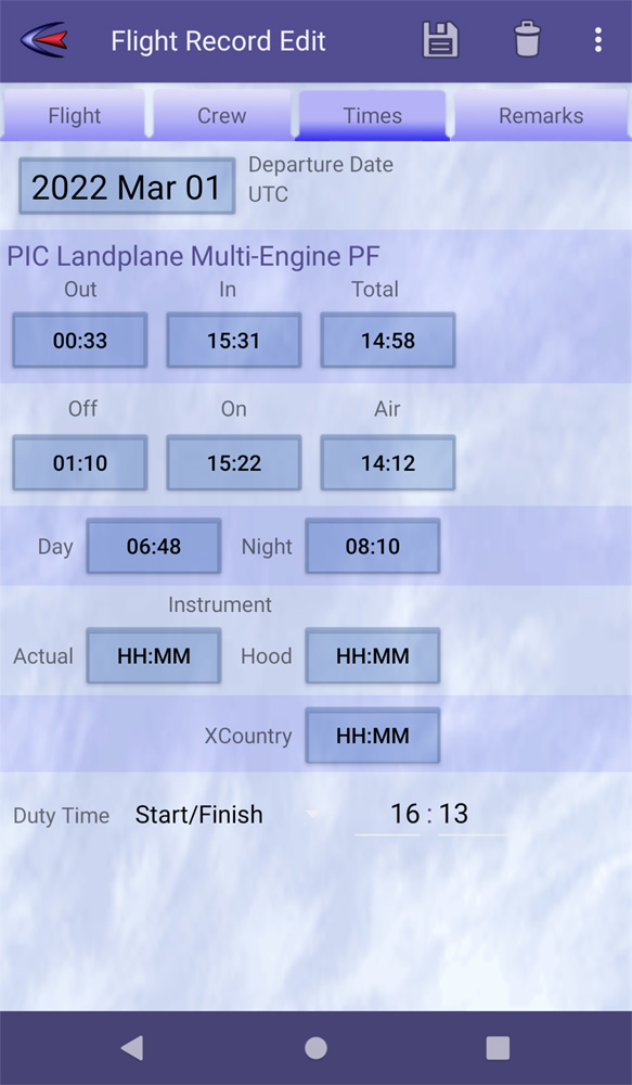 Pilot Log - Time Edit Tab